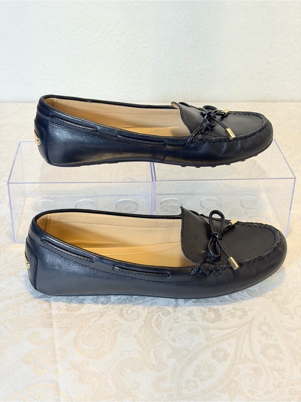 Michael Kors Black Leather Bow-Trim Loafers flats